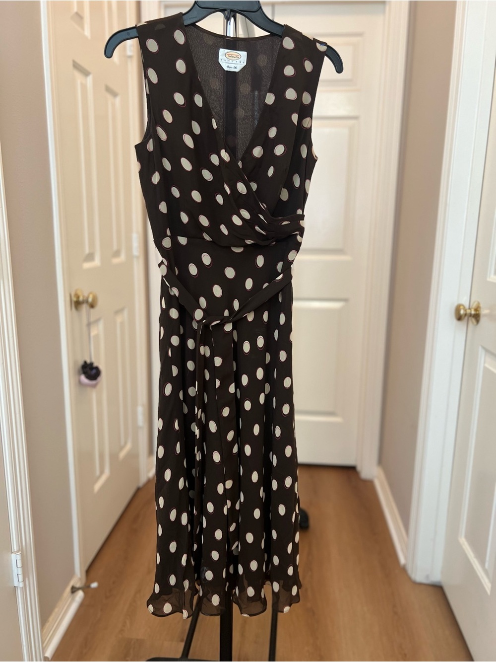 Talbots Brown Dress with Cream Polka Dots — Sleeveless Faux-Wrap Midi